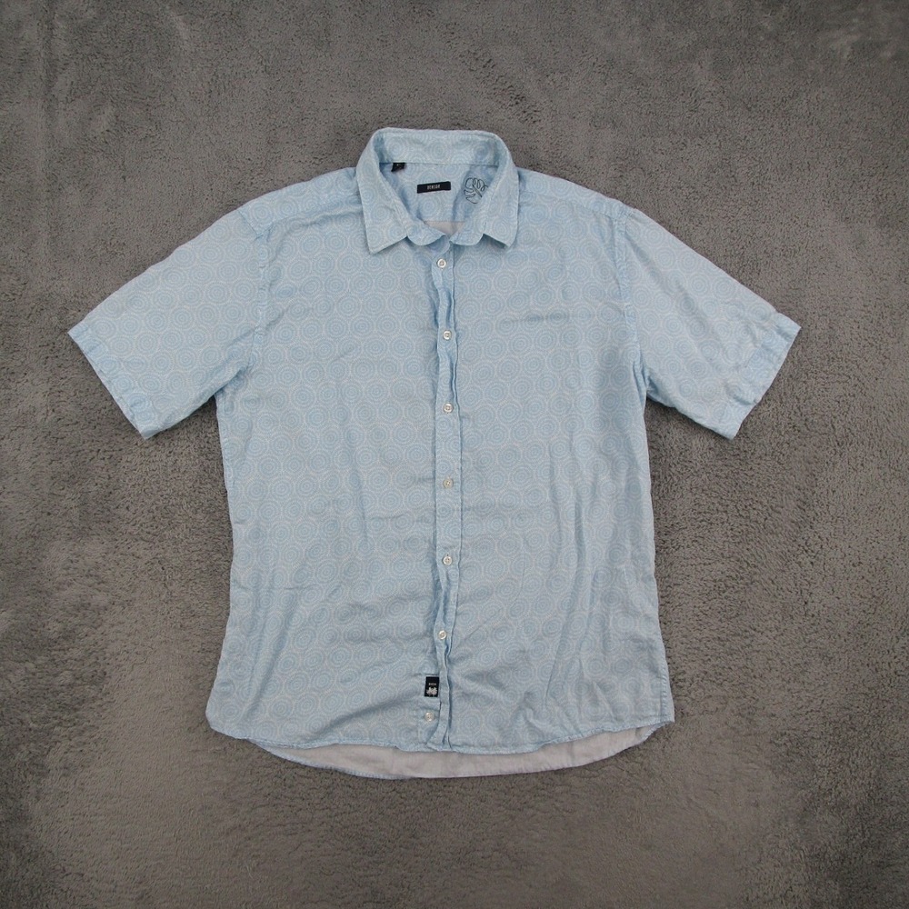 Benson Mens XL Short Sleeve Button Down Shirt Blue White Cotton Tencel Print
